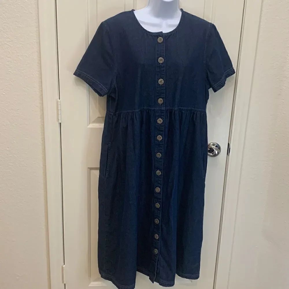 Blair Petite Large Denim 💯% Cotton Scoop Neck Short Sleeve Button Front Dress
